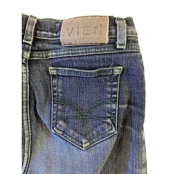 VIEN Jeans Women's 12 Faded Blue Denim Wide Boot Stretch Green Stitch USA Y2K - Picture 3 of 11